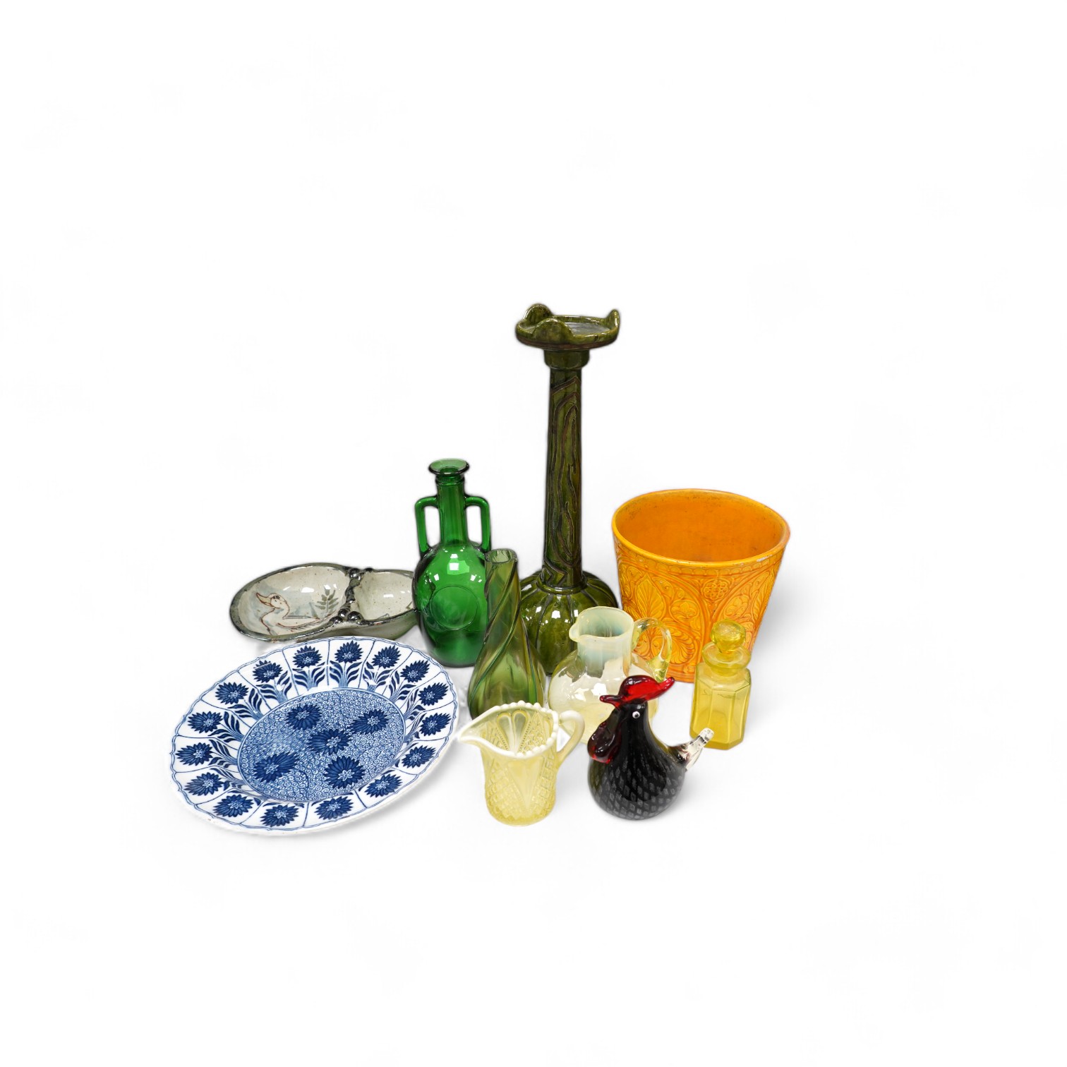 A collection of coloured glassware to include Vaseline examples and a collection of pottery to include a candlestick, a dish and a planter, largest 38cm (10). Condition - mostly fair